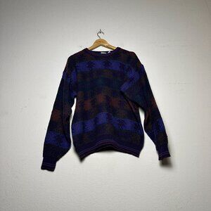 VTG Ash Creek 80s Trading Cosby Geometric Knit Sweater Men XL Blue Pullover